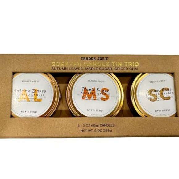 Trader Joe's Fall Scented Candle Tin Trio Candles Natural Soy Wax 3-3 oz NWT - Picture 2 of 2
